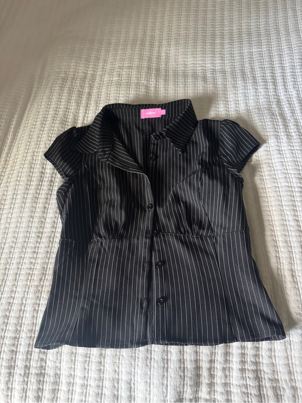 Edikted Pinstripe Button Down Cap Sleeve Top Black Size Small Y2K Office Siren
